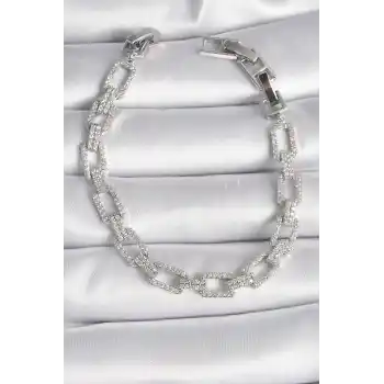 Pirinç Gümüş Renk Zirkon Taşlı Zincir Model VIP Seri Kadın Bileklik