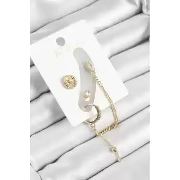 Pirinç Halka Figürlü Zirkon Taşlı Gold Renk 3lü Kıkırdak Kadın Küpe Set