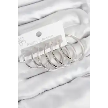 Pirinç Halka Model Gümüş Renk Kadın Set Küpe