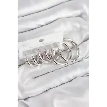 Pirinç Halka Model Gümüş Renk Kadın Set Küpe