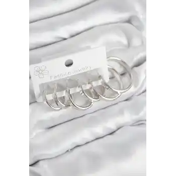 Pirinç Halka Model Gümüş Renk Kadın Set Küpe