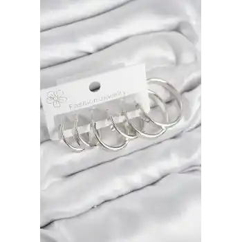 Pirinç Halka Model Gümüş Renk Kadın Set Küpe