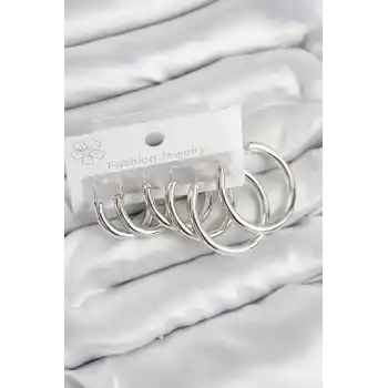 Pirinç Halka Model Gümüş Renk Kadın Set Küpe