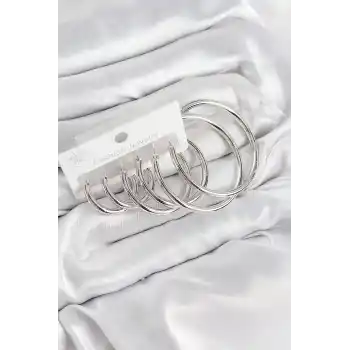 Pirinç Halka Model Gümüş Renk Kadın Set Küpe