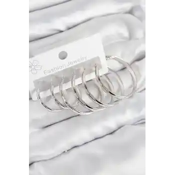 Pirinç Halka Model Gümüş Renk Kadın Set Küpe