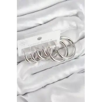 Pirinç Halka Model Gümüş Renk Kadın Set Küpe
