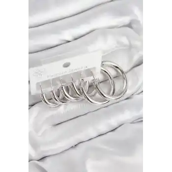 Pirinç Halka Model Gümüş Renk Kadın Set Küpe