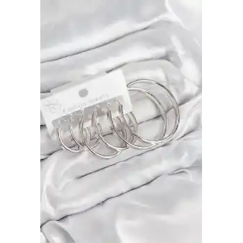 Pirinç Halka Model Gümüş Renk Kadın Set Küpe