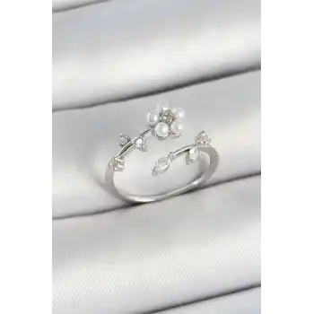 Pirinç İnci Detaylı Papatya Figürlü Zirkon Taşlı Gümüş Renk Ayarlanabilir Kadın Yüzük