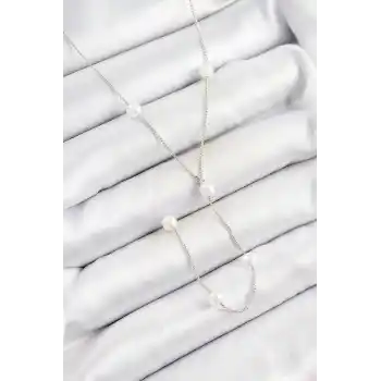 Pirinç İnci Figürlü Y Model Gümüş Renk Kadın Kolye