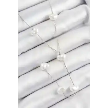 Pirinç İncili Kalp Figürlü Y Model Gümüş Renk Kadın Kolye