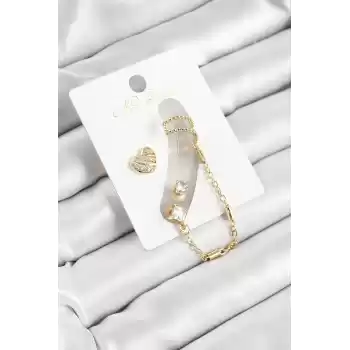 Pirinç Kalp Figürlü Zirkon Taşlı Gold Renk 3lü Kıkırdak Kadın Küpe Set