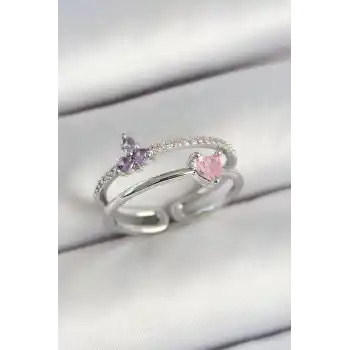 Pirinç Kalp Ve Çiçek Figürlü Zirkon Taşlı Gümüş Renk Ayarlanabilir Kadın Yüzük