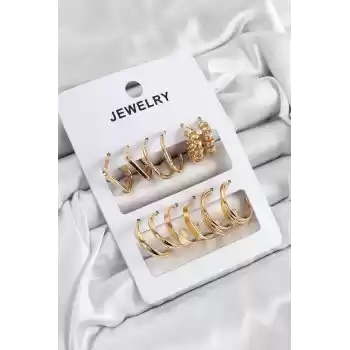 Pirinç Karışık Halka Model Gold Renk 6 Çift Kadın Küpe Set