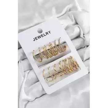 Pirinç Karışık Halka Model Gold Renk 6 Çift Kadın Küpe Set