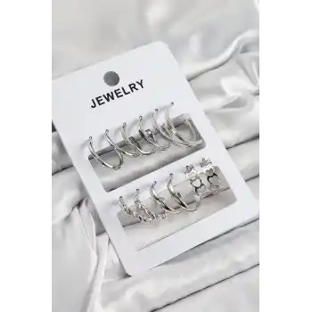 Pirinç Karışık Halka Model Gümüş Renk 6 Çift Kadın Küpe Set