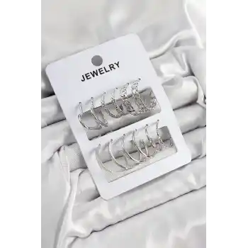 Pirinç Karışık Halka Model Gümüş Renk 6 Çift Kadın Küpe Set