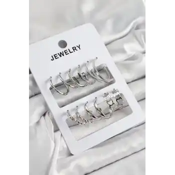Pirinç Karışık Halka Model Gümüş Renk 6 Çift Kadın Küpe Set