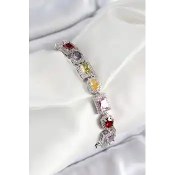 Pirinç Karışık Zirkon Taşlı Baget Model Gümüş Renk VIP Seri Kadın Bileklik