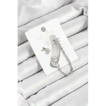 Pirinç Kelebek Figürlü Zirkon Taşlı Gümüş Renk 3lü Kıkırdak Kadın Küpe Set