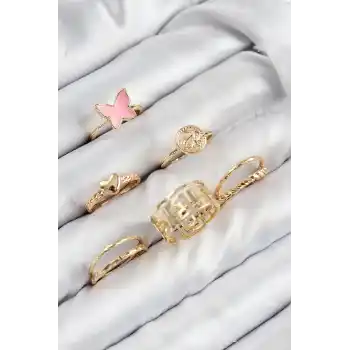 Pirinç Kelebek Ve Kalp Model Gold Renk Kadın Yüzük Kombin Set