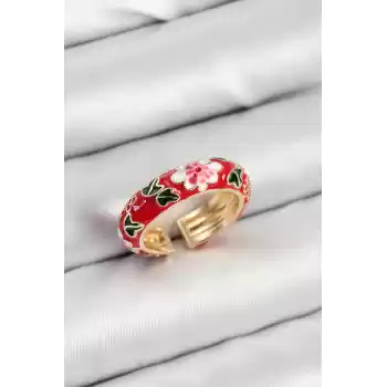 Pirinç Kırmızı Mineli Çiçek Motifli Gold Renk Ayarlanabilir Kadın Yüzük