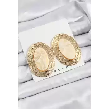 Pirinç Mermer Desenlli Bej Sedef Oval Vintage Model Gold Renk Kadın Küpe