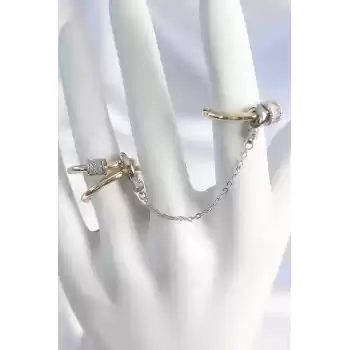 Pirinç Mix Renk Zirkon Taşlı Zincir Kadın Yüzük Seti