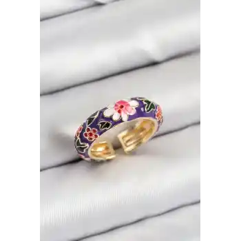 Pirinç Mor Mineli Çiçek Motifli Gold Renk Ayarlanabilir Kadın Yüzük