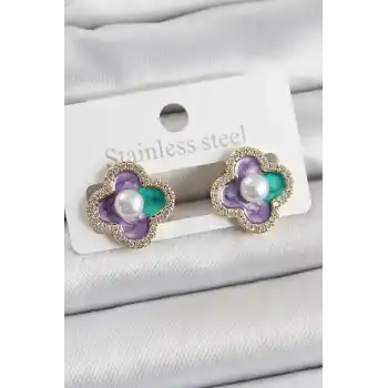 Pirinç Mor Mineli İnci Detaylı Zirkon Taşlı Sanatsal Portre Yonca Model Gold Renk Kadın Küpe