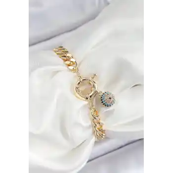 Pirinç Nazar Model Zirkon Taşlı Gold Renk VİP Seri Kadın Bileklik