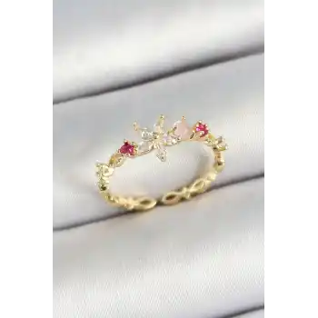 Pirinç Papatya Figürlü Zirkon Taşlı Gold Renk Ayarlanabilir Kadın Yüzük