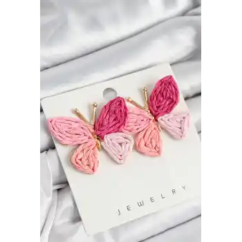 Pirinç Pembe Kelebek Model Gold Renk Kadın Hasır Küpe