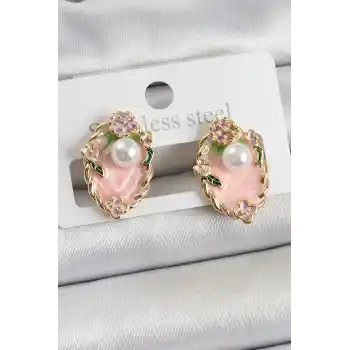 Pirinç Pembe Mineli İnci Detaylı Sanatsal Portre Model Gold Renk Kadın Küpe