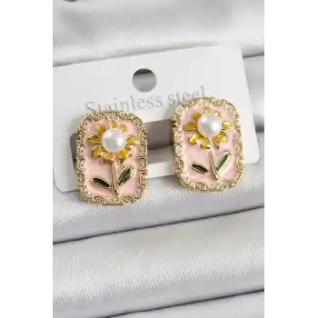 Pirinç Pembe Mineli Papatya Figürlü Sanatsal Portre Model Gold Renk Kadın Küpe