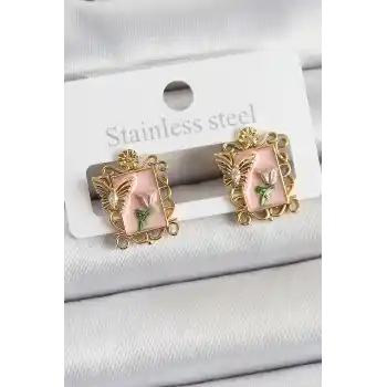 Pirinç Pembe Mineli Sanatsal Portre Model Gold Renk Kadın Küpe