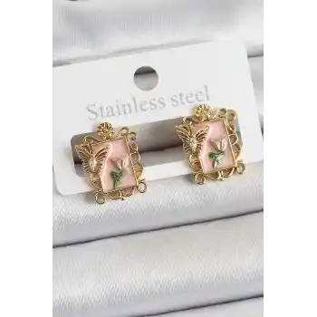 Pirinç Pembe Mineli Sanatsal Portre Model Gold Renk Kadın Küpe