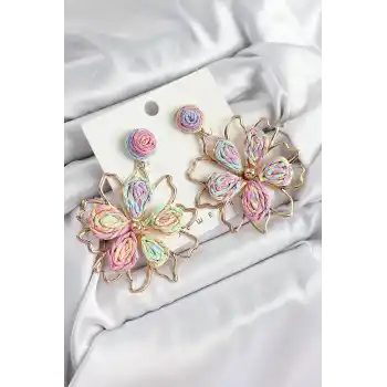 Pirinç Rainbow Çiçek Model Gold Renk Kadın Hasır Küpe