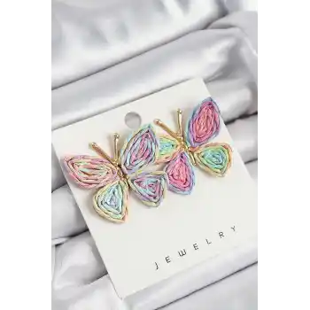 Pirinç Rainbow Kelebek Model Gold Renk Kadın Hasır Küpe