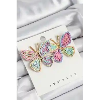 Pirinç Rainbow Kelebek Model Gold Renk Kadın Hasır Küpe