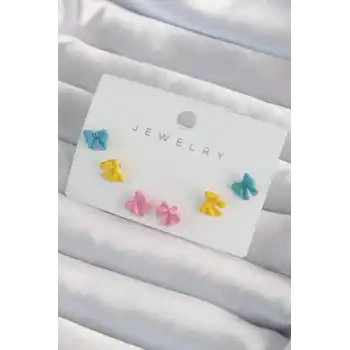 Pirinç Rengarenk Mineli Minimal Fiyonk Küpe Seti