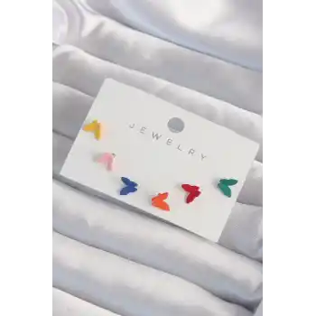 Pirinç Rengarenk Mineli Minimal Kelebek Küpe Seti