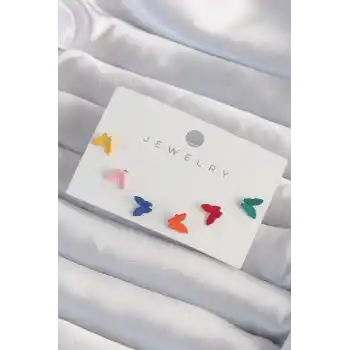 Pirinç Rengarenk Mineli Minimal Kelebek Küpe Seti