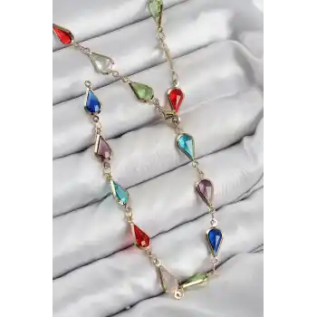 Pirinç Renkli Zirkon Taşlı Damla Model Gold Renk Kadın Y Kolye