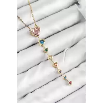 Pirinç Renkli Zirkon Taşlı Kalp Model Gold Renk Kadın Y Kolye