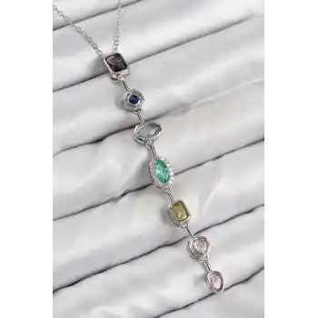 Pirinç Renkli Zirkon Taşlı Model Gümüş Renk Kadın Y Kolye
