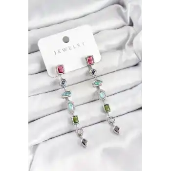 Pirinç Renkli Zirkon Taşlı Sallantılı Model Gümüş Renk Kadın Küpe