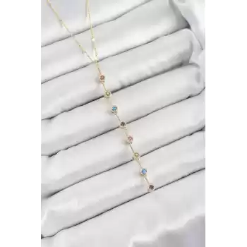 Pirinç Renkli Zirkon Taşlı Y Model Gold Renk Kadın Kolye