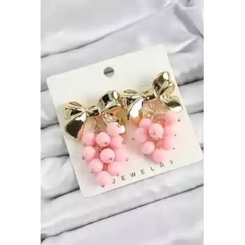 Pirinç Sallantılı Pembe Boncuklu Fiyonk Vintage Model Gold Renk Kadın Küpe