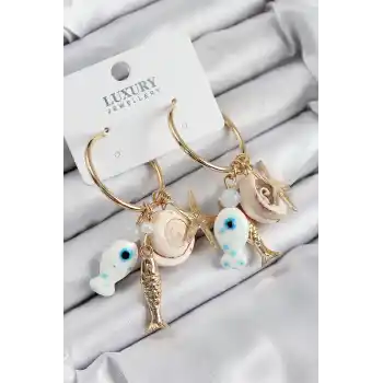 Pirinç Sallantılı Seramik Balık Ve Deniz Kabuğu Model Gold Renk Kadın Küpe